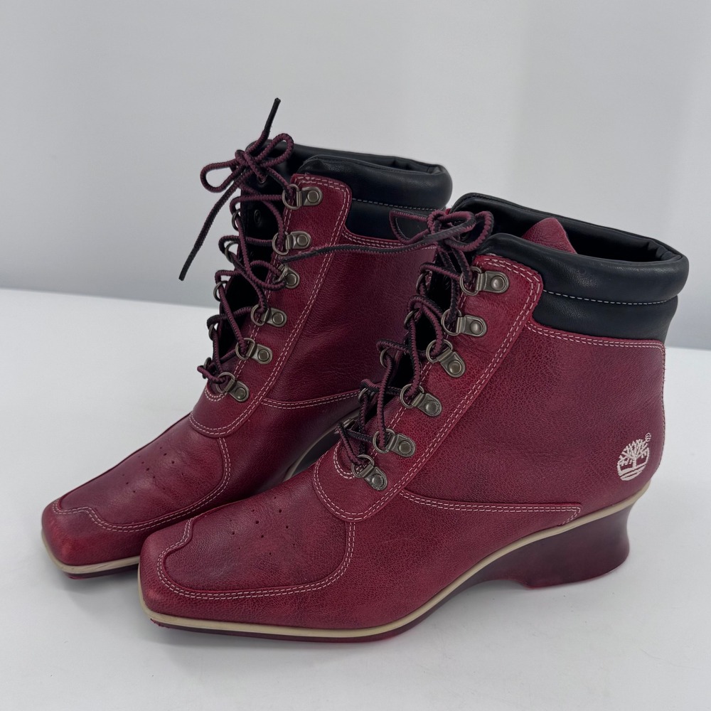 Timberland Wedge Ankle Boots Women Burgundy Leather Square Toe Lace Up Sz 9